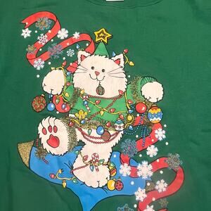 VTG 90’s MBC Tultex Women XL Ugly Christmas Cat Lights Crewneck Sweatshirt